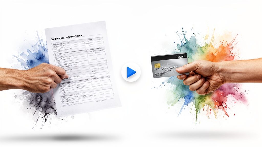 Two hands illustrating a conversion, with a document on the left and a credit card on the right.