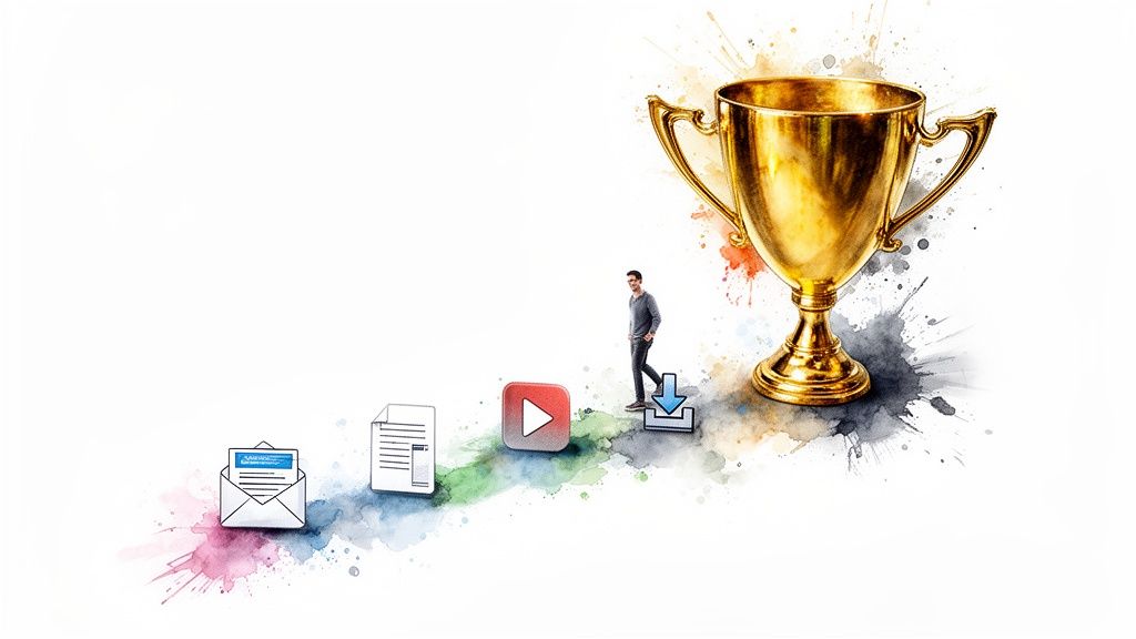 A man walks a colorful path with icons (email, document, play, download) leading to a golden trophy.