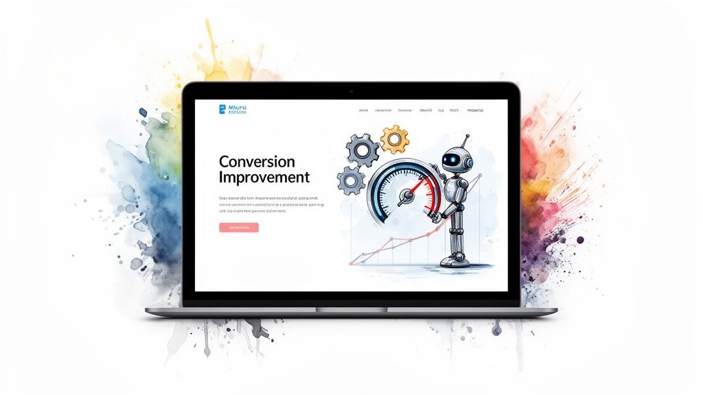 A laptop screen displays a 'Conversion Improvement' website with a robot, gears, and a gauge.