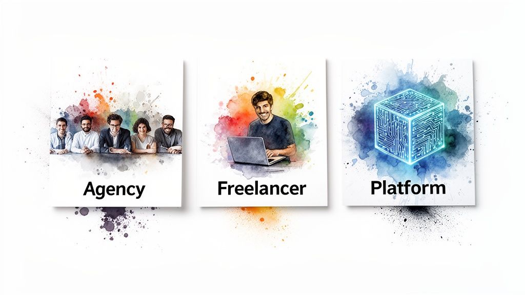 Three cards illustrating Agency, Freelancer, and Platform options with colorful watercolor backgrounds.