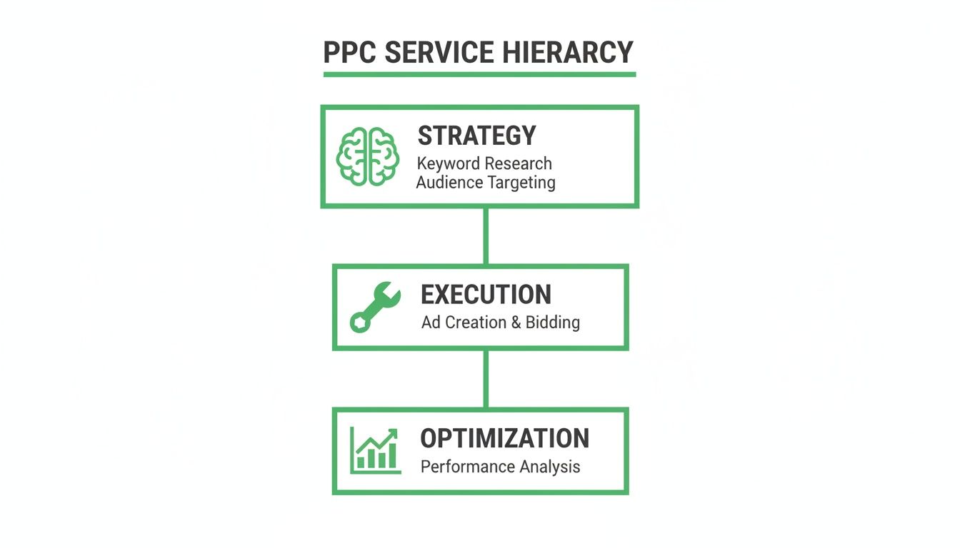 PPC service hierarchy flowchart detailing strategy, execution, and optimization steps with icons and descriptions.