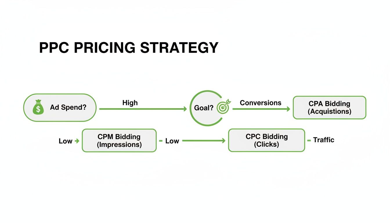 Flowchart explaining PPC pricing strategies: Ad Spend influences choice between CPA, CPM, and CPC bidding.