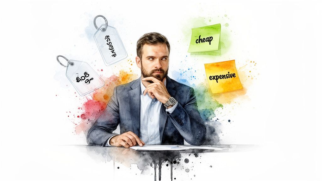Thoughtful man in suit weighing cheap vs. expensive options, surrounded by price tags.