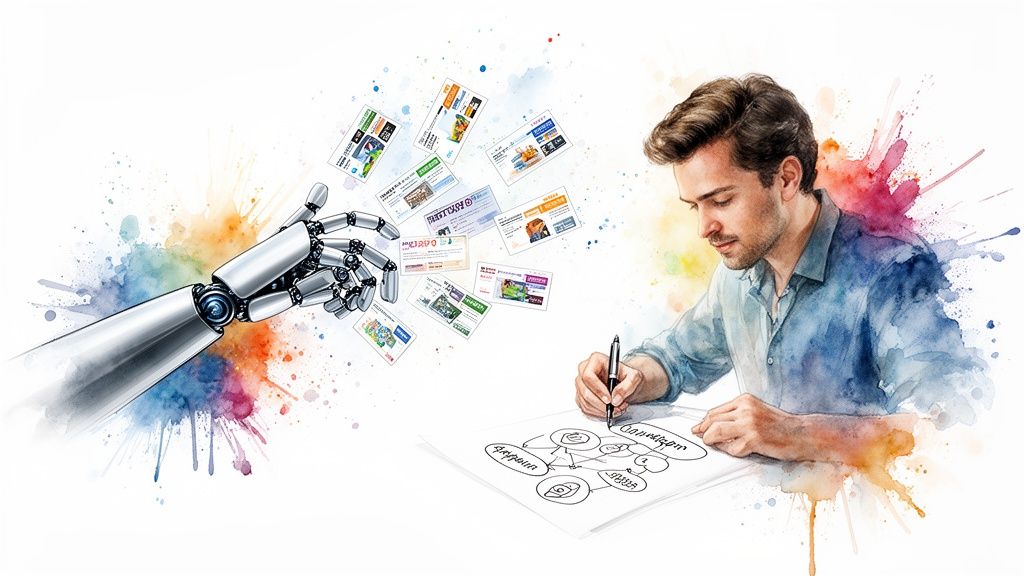 A robotic arm and a man drawing a diagram, surrounded by colorful watercolor splashes and floating ad cards.