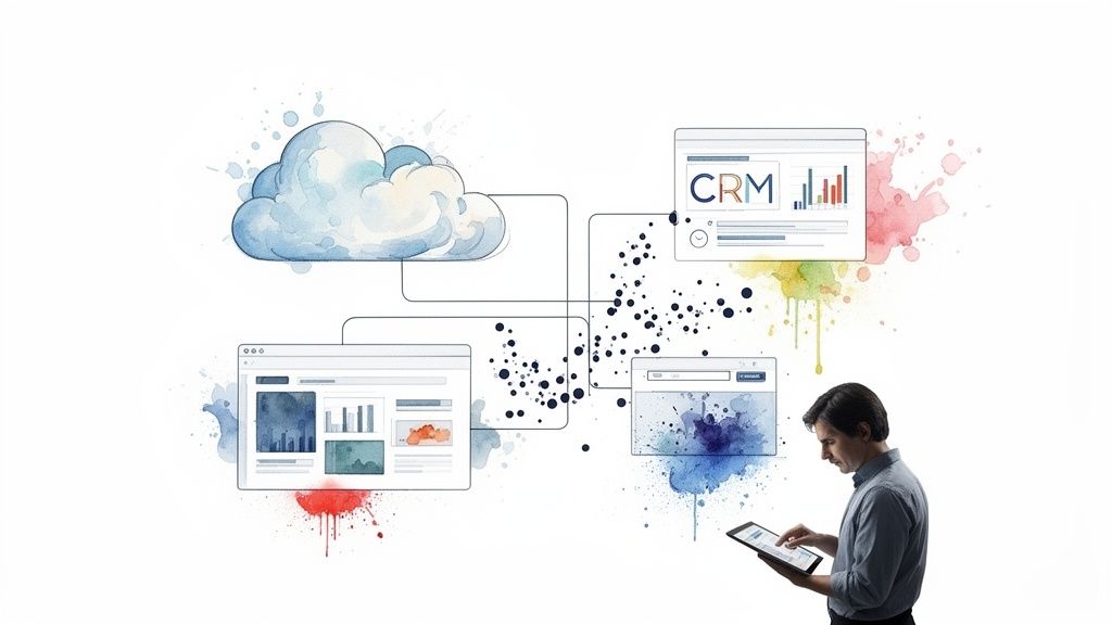 Man using a tablet to manage cloud-based CRM and other digital data interfaces with watercolor accents.
