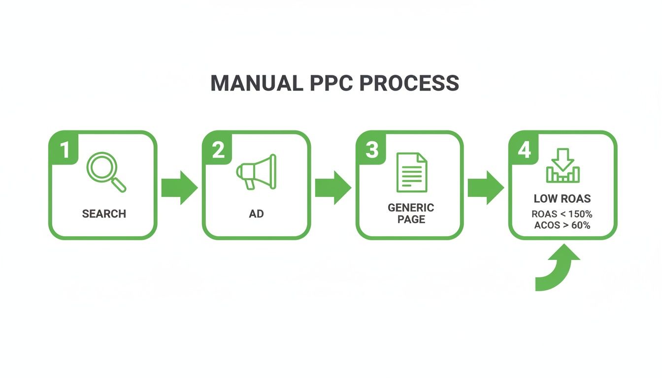 Flowchart illustrating a manual PPC process: search, ad, generic page, leading to low ROAS issues.