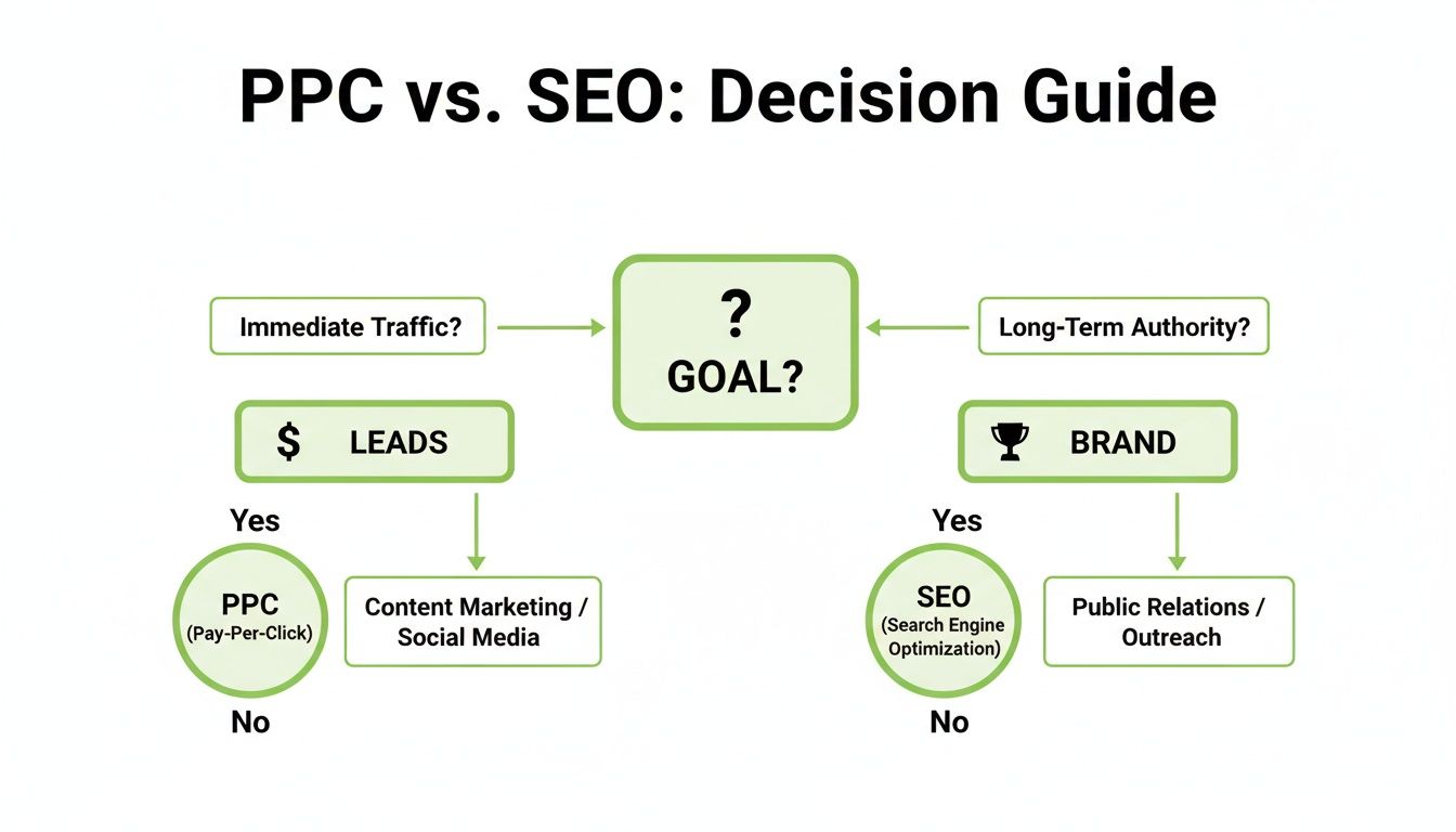 Decision guide flowchart comparing PPC vs. SEO based on marketing goals like immediate traffic or long-term authority.