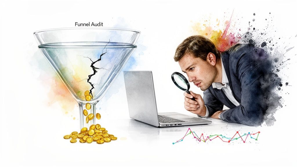 Businessman examining a broken marketing funnel losing money, analyzing data on a laptop.