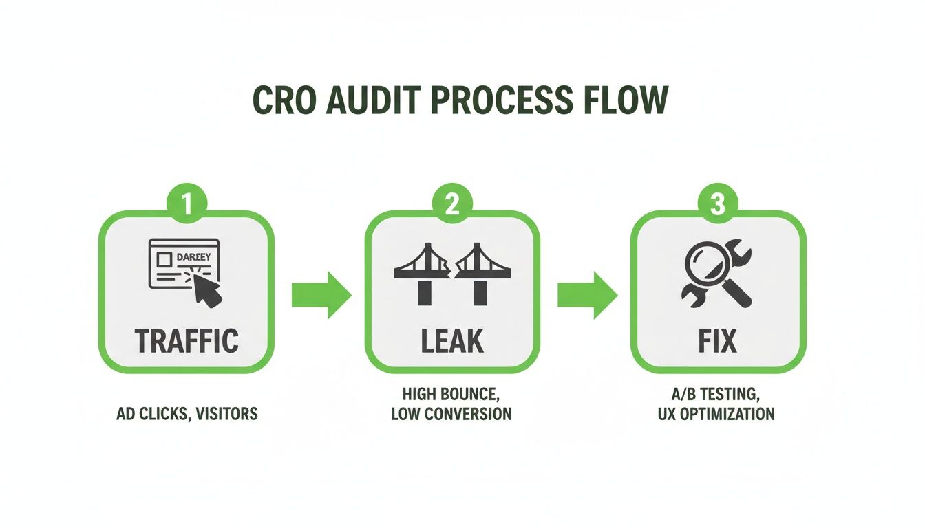 Flowchart detailing the three-step CRO audit process: traffic analysis, identifying leaks, and implementing fixes.