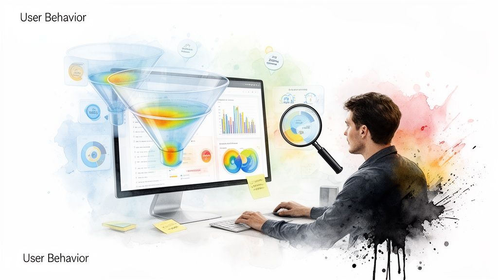 Man analyzing user behavior data with conversion funnels and charts on a computer.