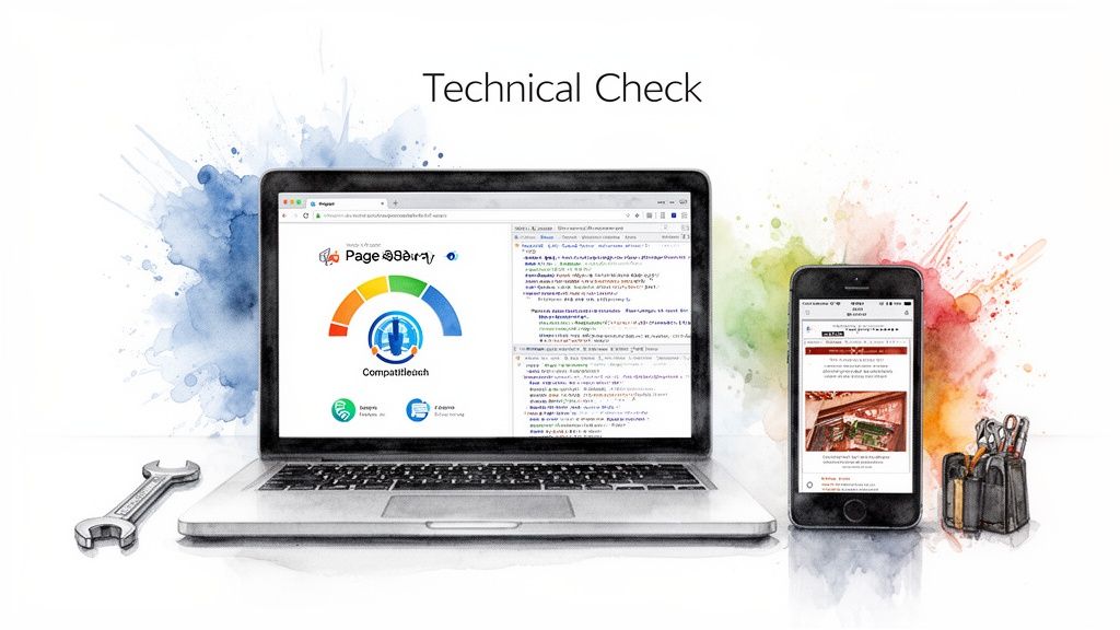 A watercolor illustration of a laptop and smartphone displaying a technical check, with tools for optimization.