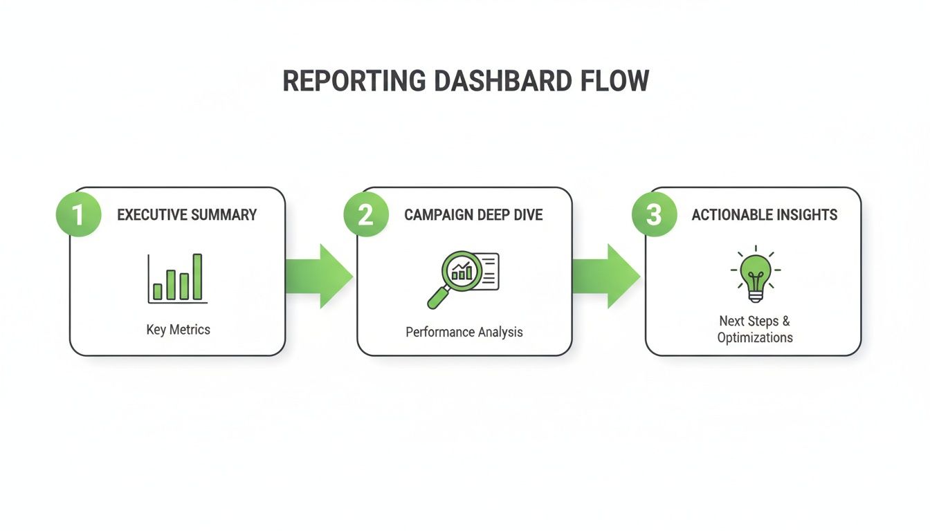 A three-step reporting dashboard flow diagram showing executive summary, campaign deep dive, and actionable insights.