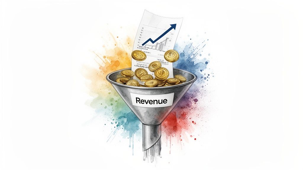 A revenue funnel with gold coins and a financial report showing an upward trend, symbolizing growth.
