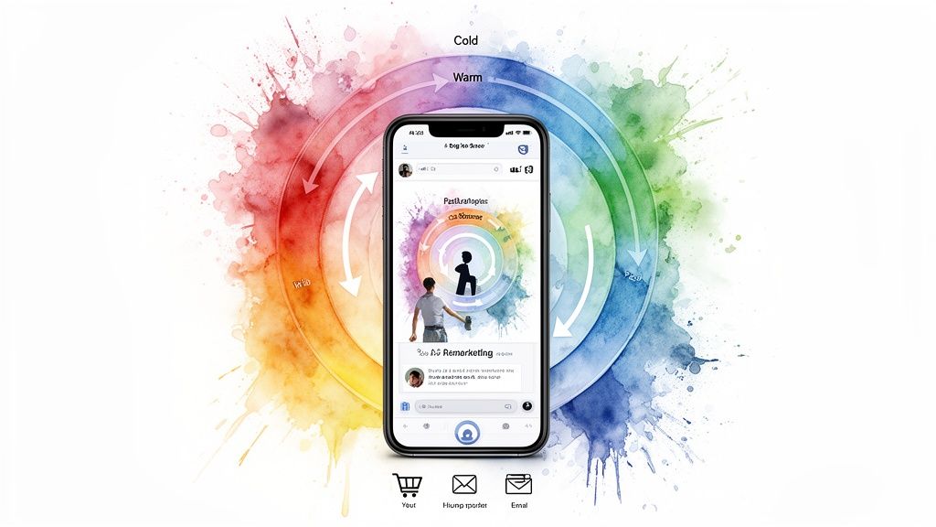 A smartphone displays a marketing cycle with cold, warm, and remarketing stages, against a colorful watercolor background.