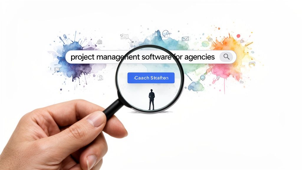 A magnifying glass focuses on a search bar showing 'project management software for agencies'.