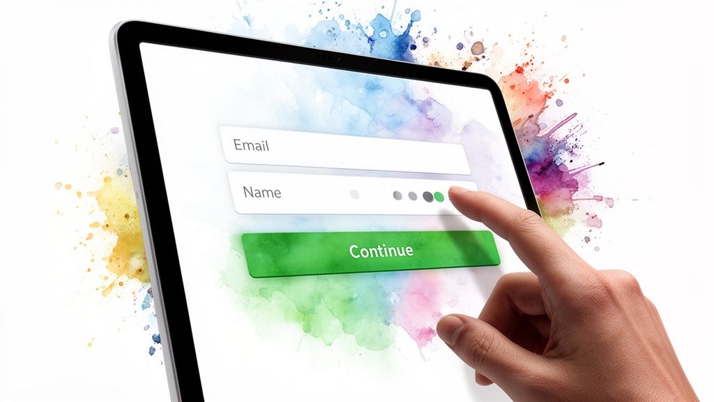 A hand interacts with a digital form on a tablet, showing email and name fields, against a vibrant watercolor background.