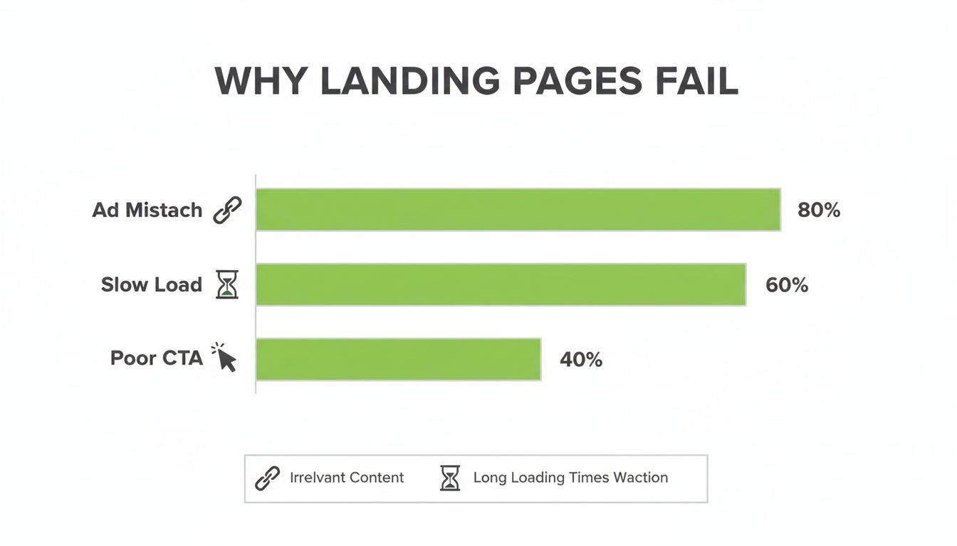 Bar chart illustrating top reasons why landing pages fail: ad content mismatch, slow load times, and poor CTA.