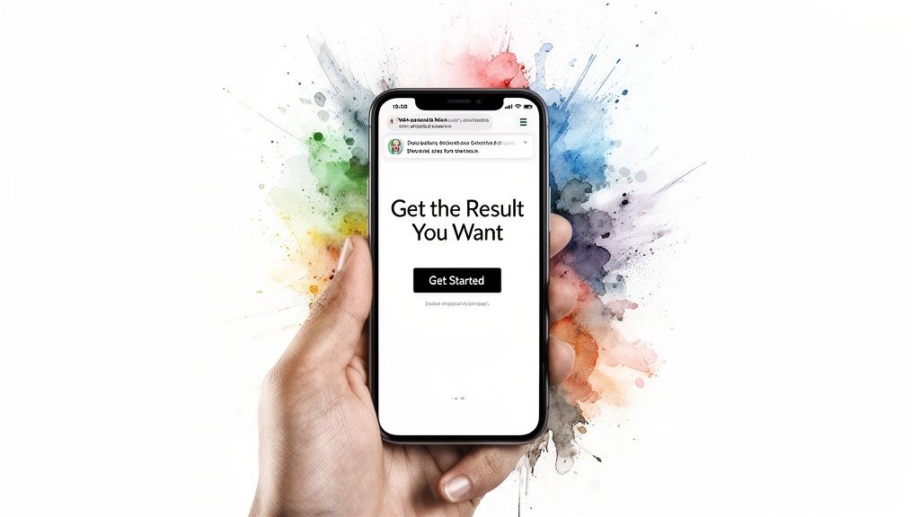 Hand holding smartphone displaying a landing page with 'Get the Result You Want' text and a 'Get Started' button, against a colorful watercolor splash background.