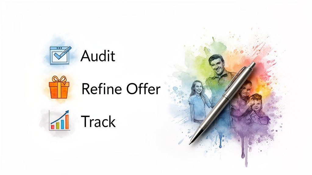 Audit, refine offer, and track steps next to a colorful watercolor drawing of a family and a pen.