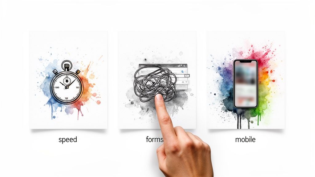 Illustrations depicting speed, complex forms with user interaction, and mobile device usability concepts.