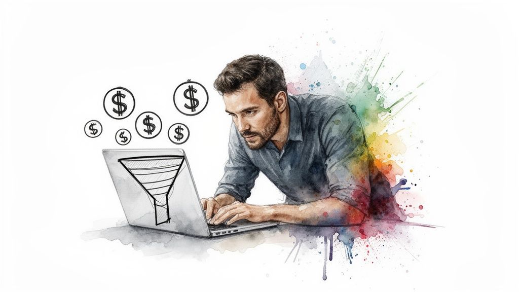 A man works on a laptop, displaying a sales funnel and dollar signs for online lead generation.