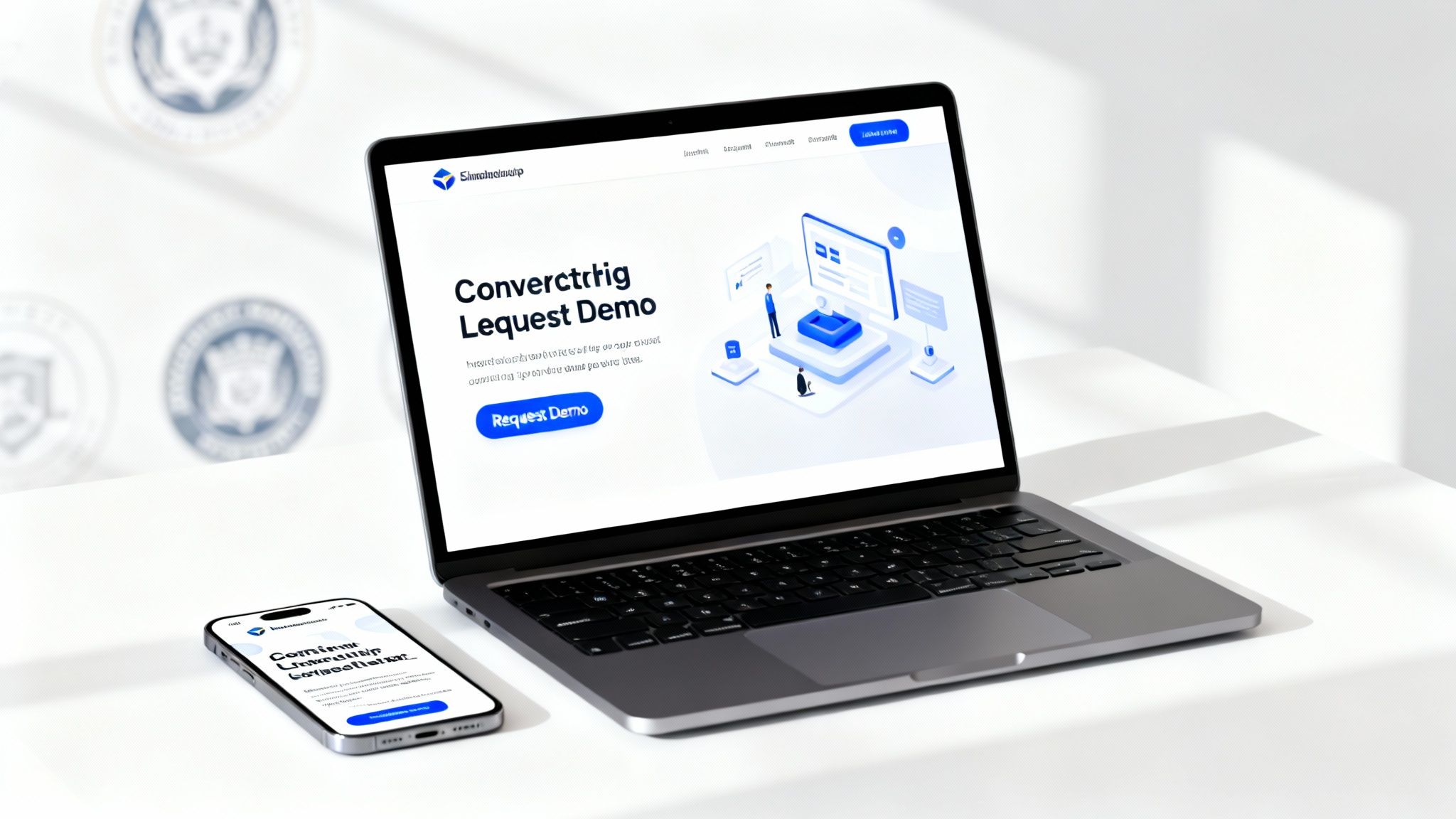 A modern grey laptop and smartphone displaying a digital demo website on a clean white desk.