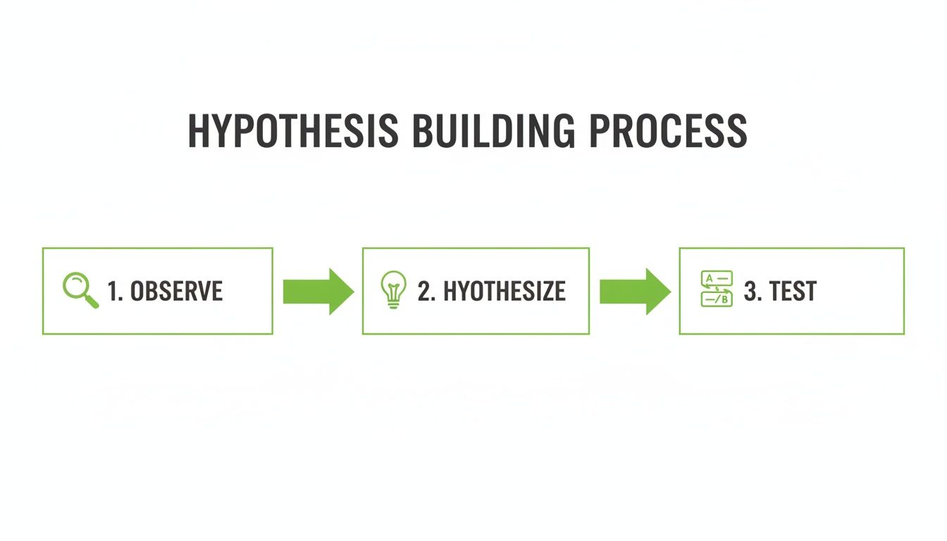 A diagram outlining the hypothesis building process with three steps: observe, hypothesize, and test.