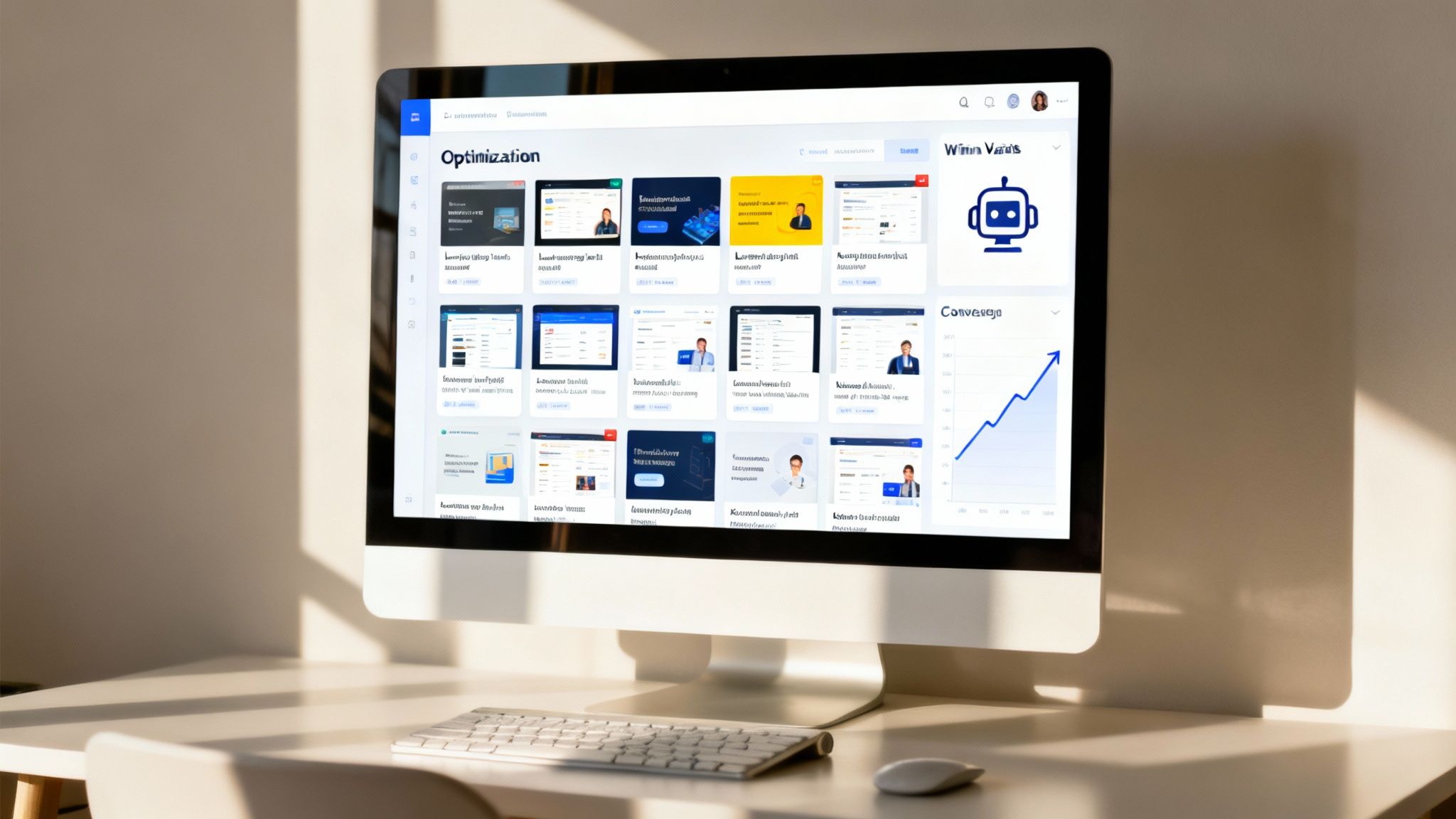 A desktop computer displaying an 'Optimization' dashboard with various website layouts and a 'Conversion' graph.