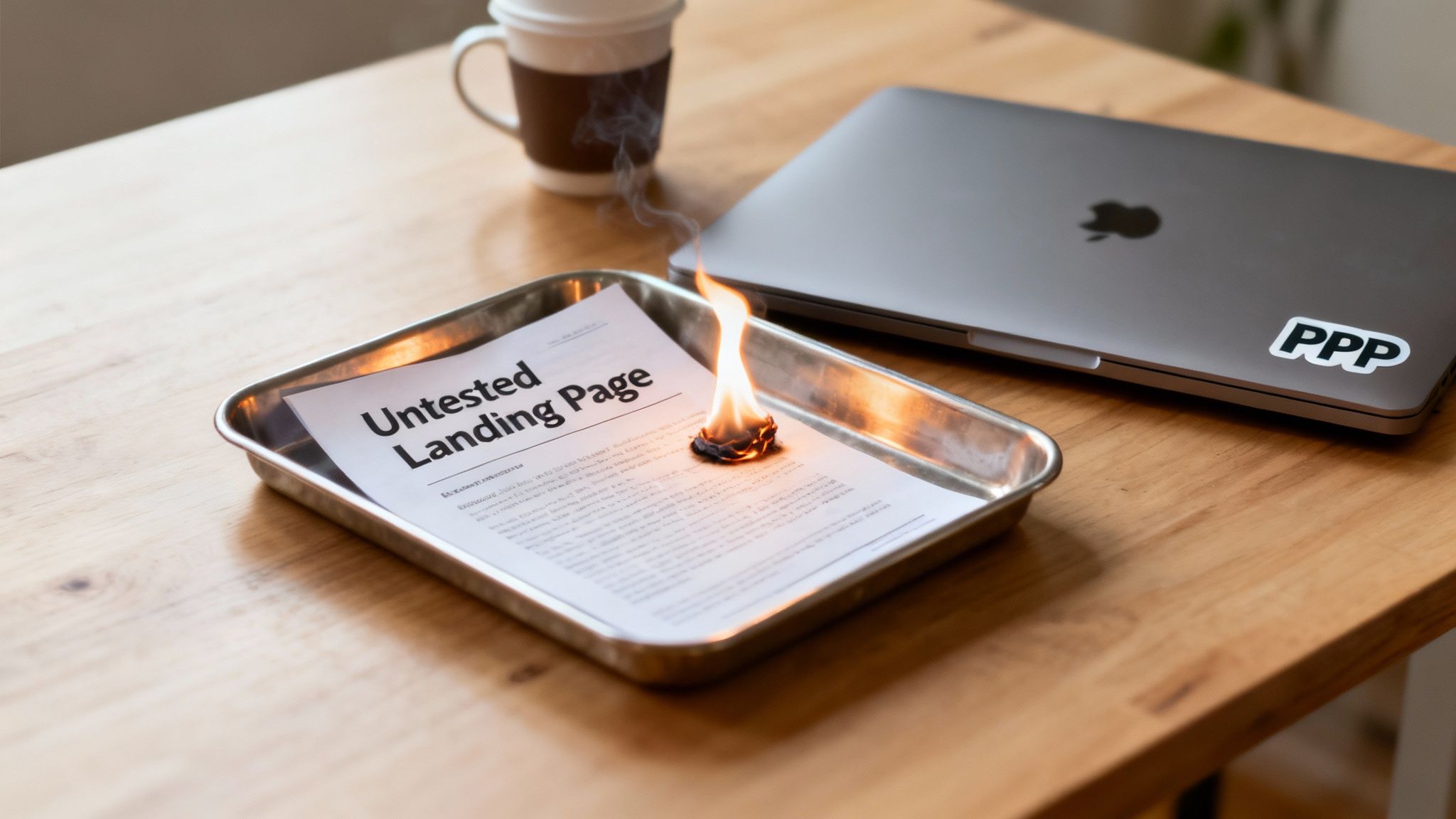 A document titled "Untested Landing Page" actively burning in a metal dish next to a laptop and coffee.