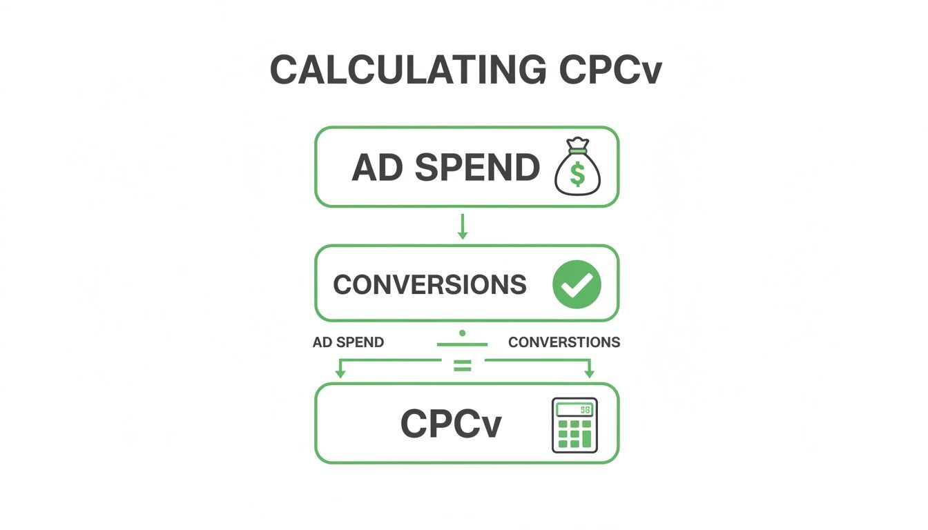 Flowchart illustrating the calculation of CPCv from ad spend divided by conversions, resulting in Cost Per Converted View.