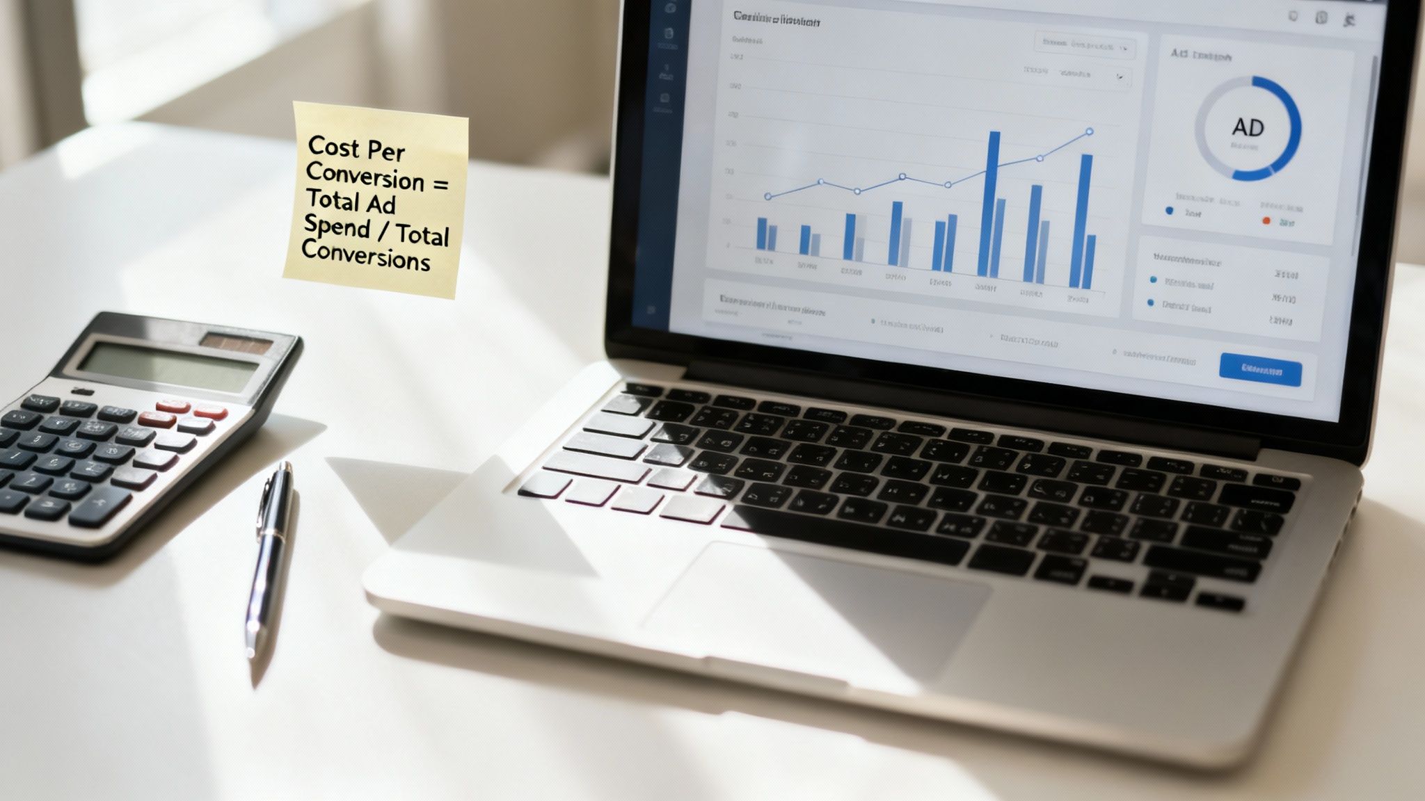 A desk with a laptop displaying ad analytics, a calculator, and a sticky note explaining cost per conversion.