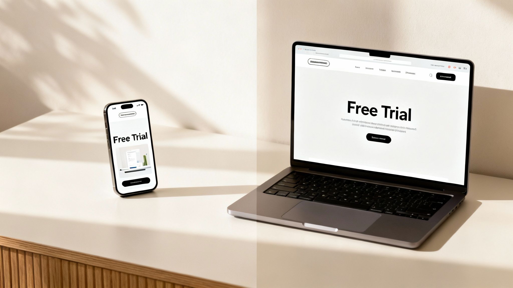 A modern smartphone and laptop display a 'Free Trial' webpage on a clean white desk with natural shadows.