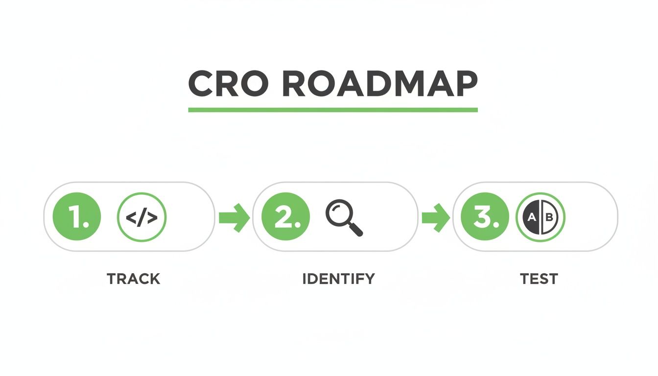 A visual CRO roadmap illustrating the three-step process of track, identify, and test.