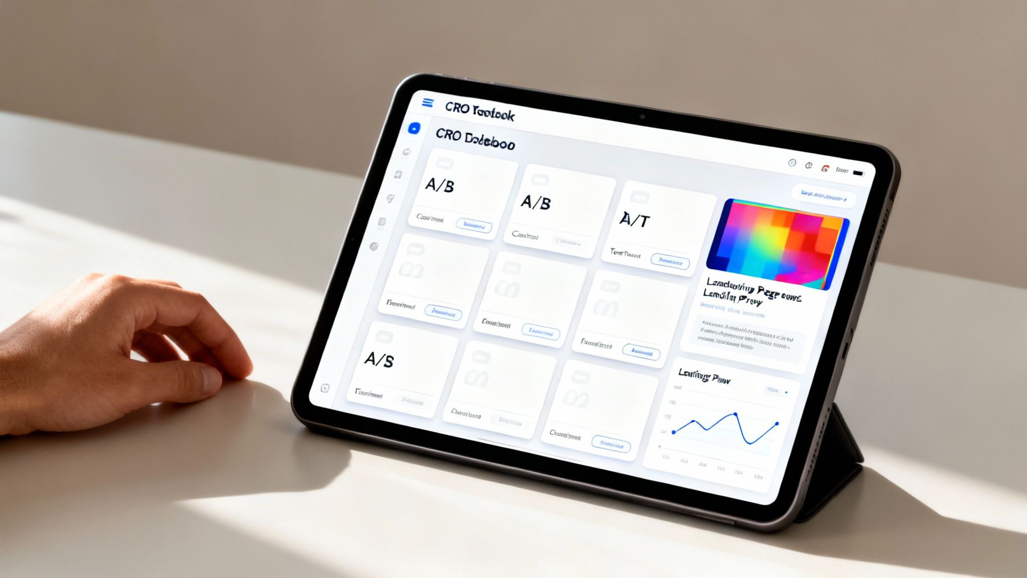 A tablet displaying a CRO (Conversion Rate Optimization) software dashboard with A/B test results and a graph.