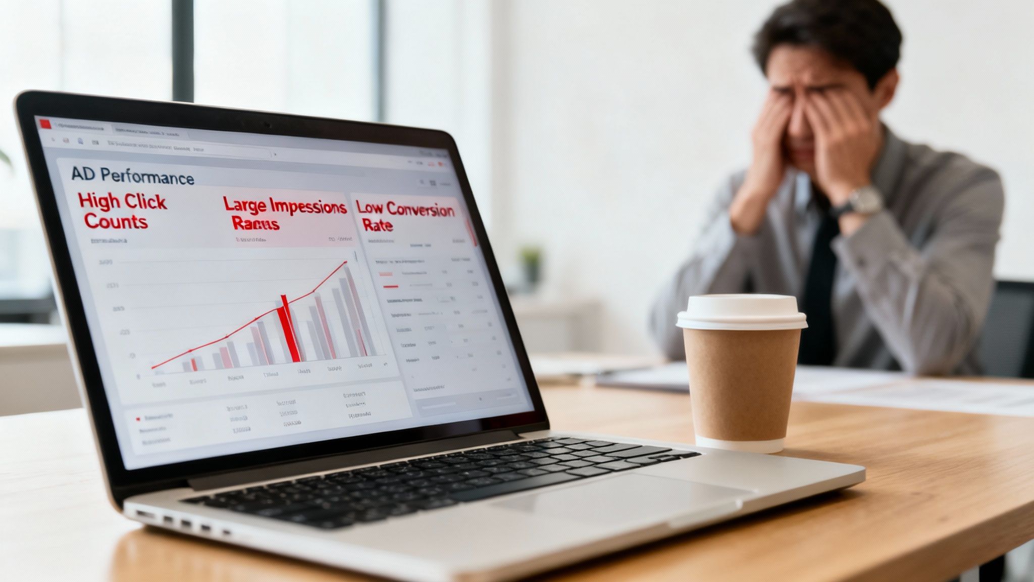A laptop displaying 'Low Conversion Rate' ad performance, with a stressed businessman in the background.