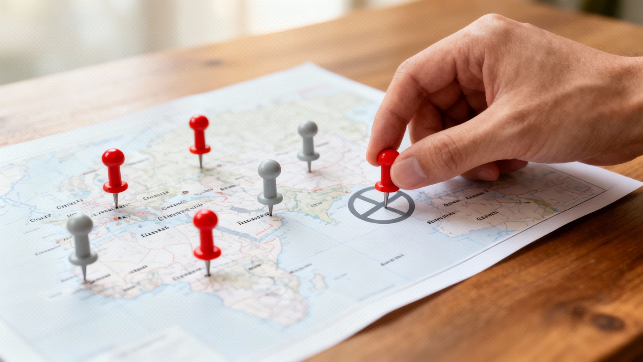 A hand places a red pushpin on a world map with an 'X' mark, surrounded by other pins.