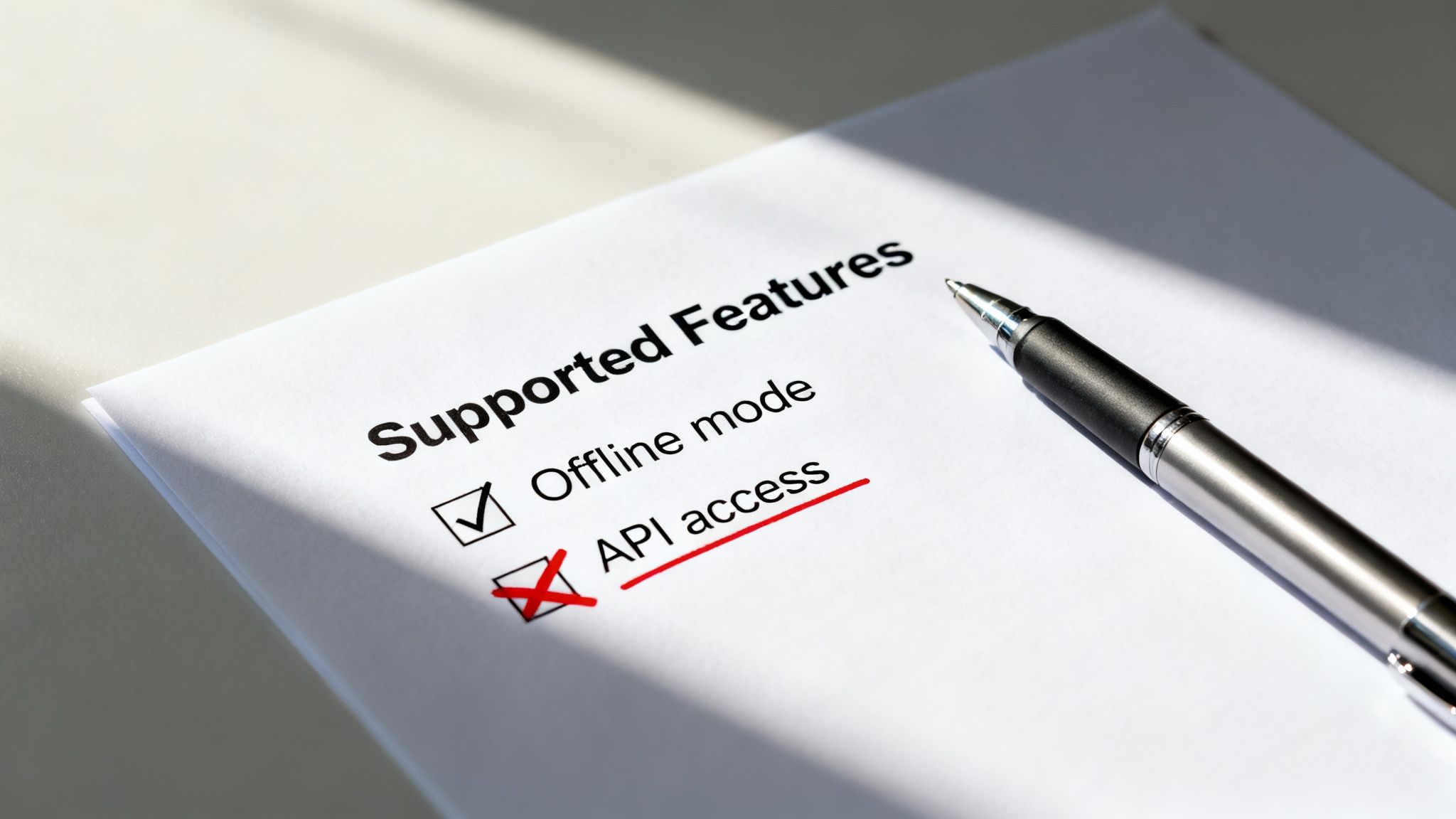 A checklist of supported features on paper, showing 'Offline mode' checked and 'API access' crossed out.