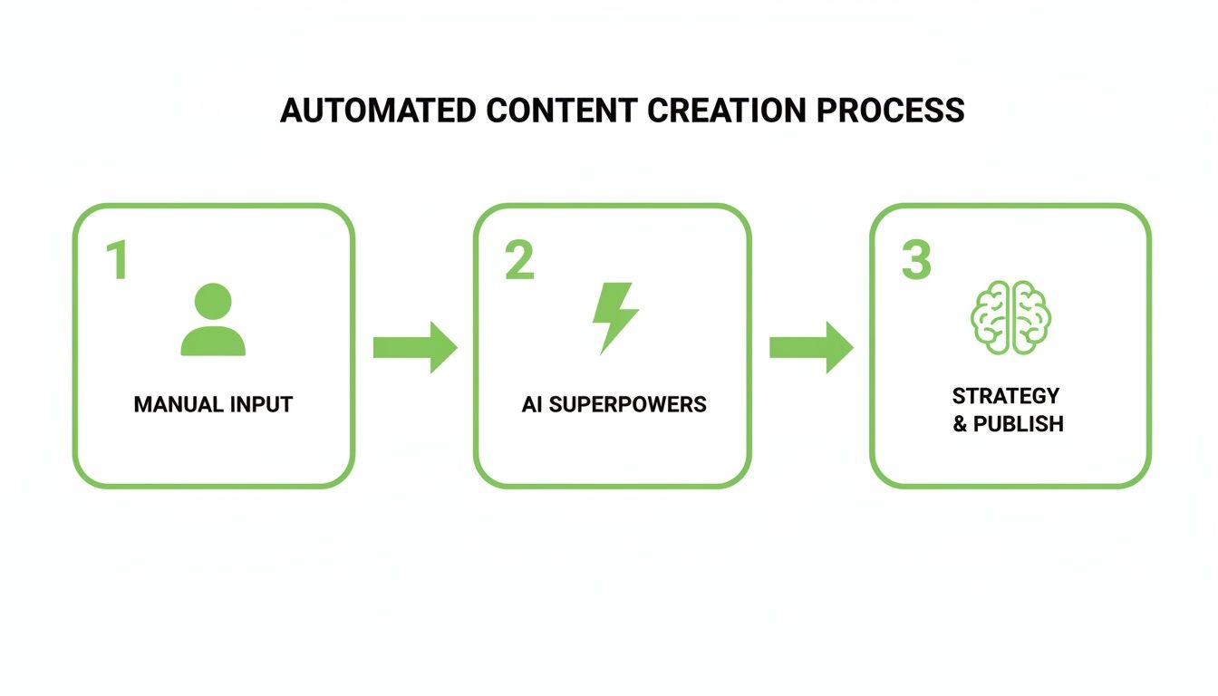 A diagram illustrates the automated content creation process: manual input, AI superpowers, and strategy & publish.
