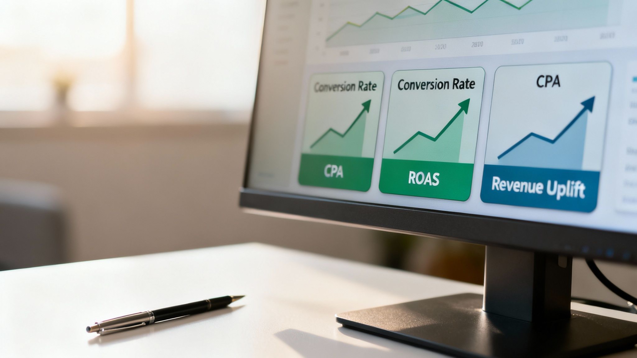 Computer monitor displaying marketing analytics dashboard with upward trends for conversion rate, CPA, and revenue uplift.