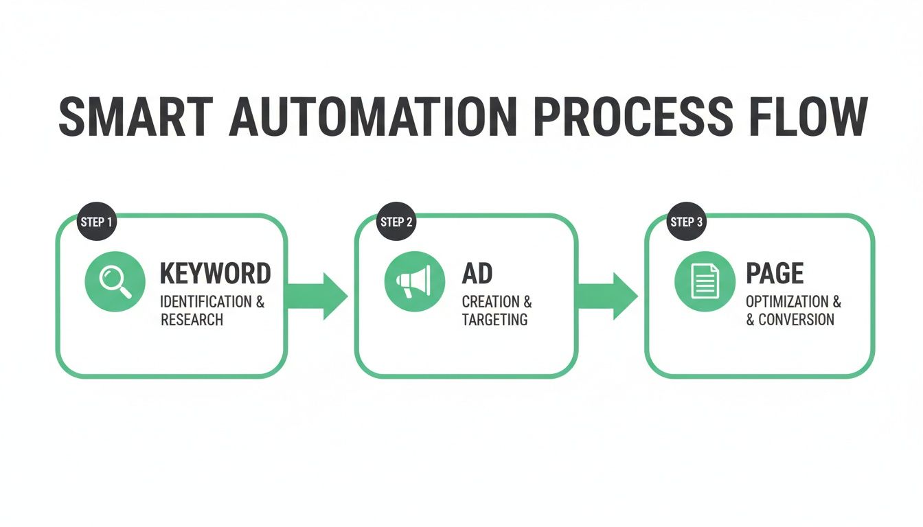 Smart automation process flow for marketing, including keyword research, ad creation, and page optimization.