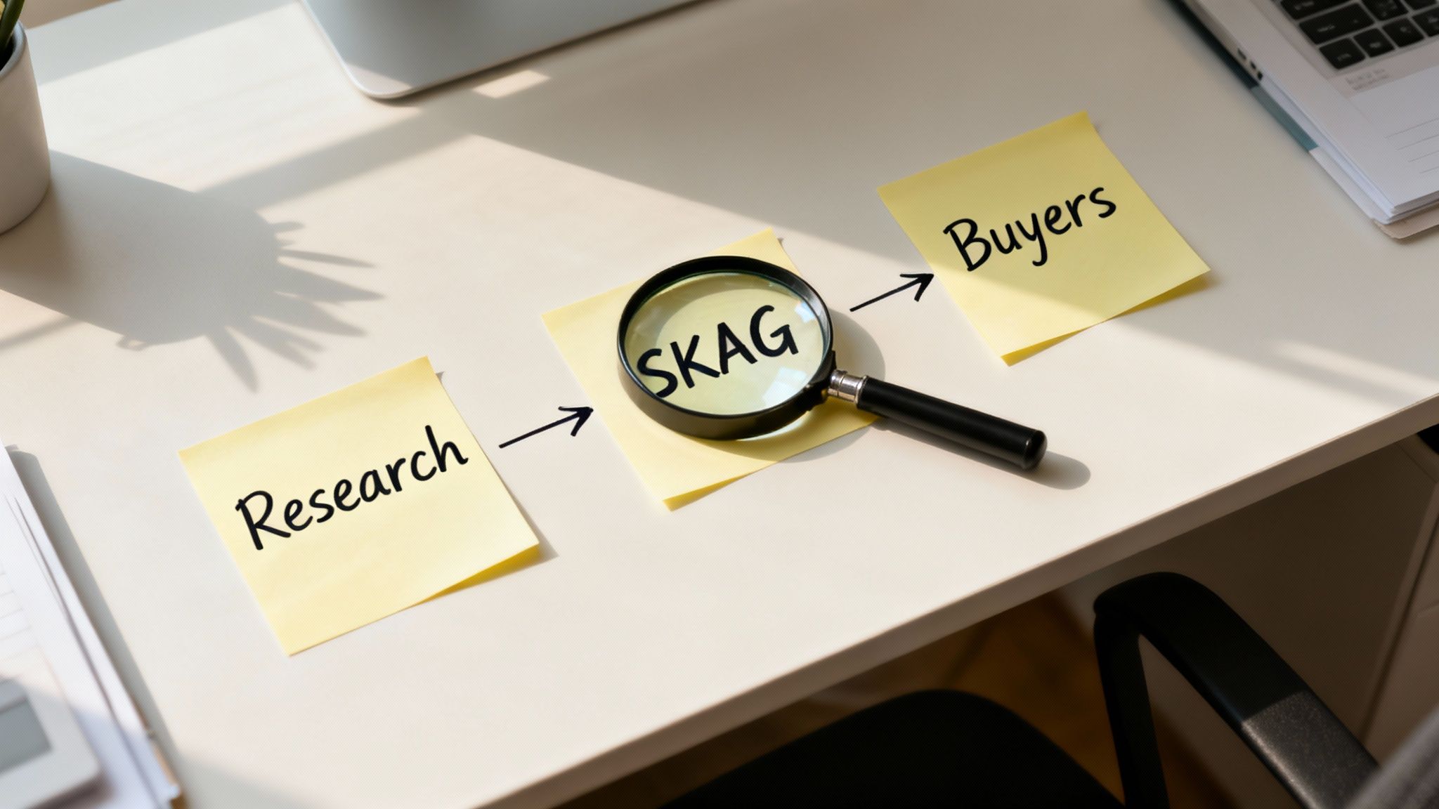 Sticky notes on a desk show a PPC marketing workflow: Research, SKAG highlighted by a magnifying glass, and Buyers.