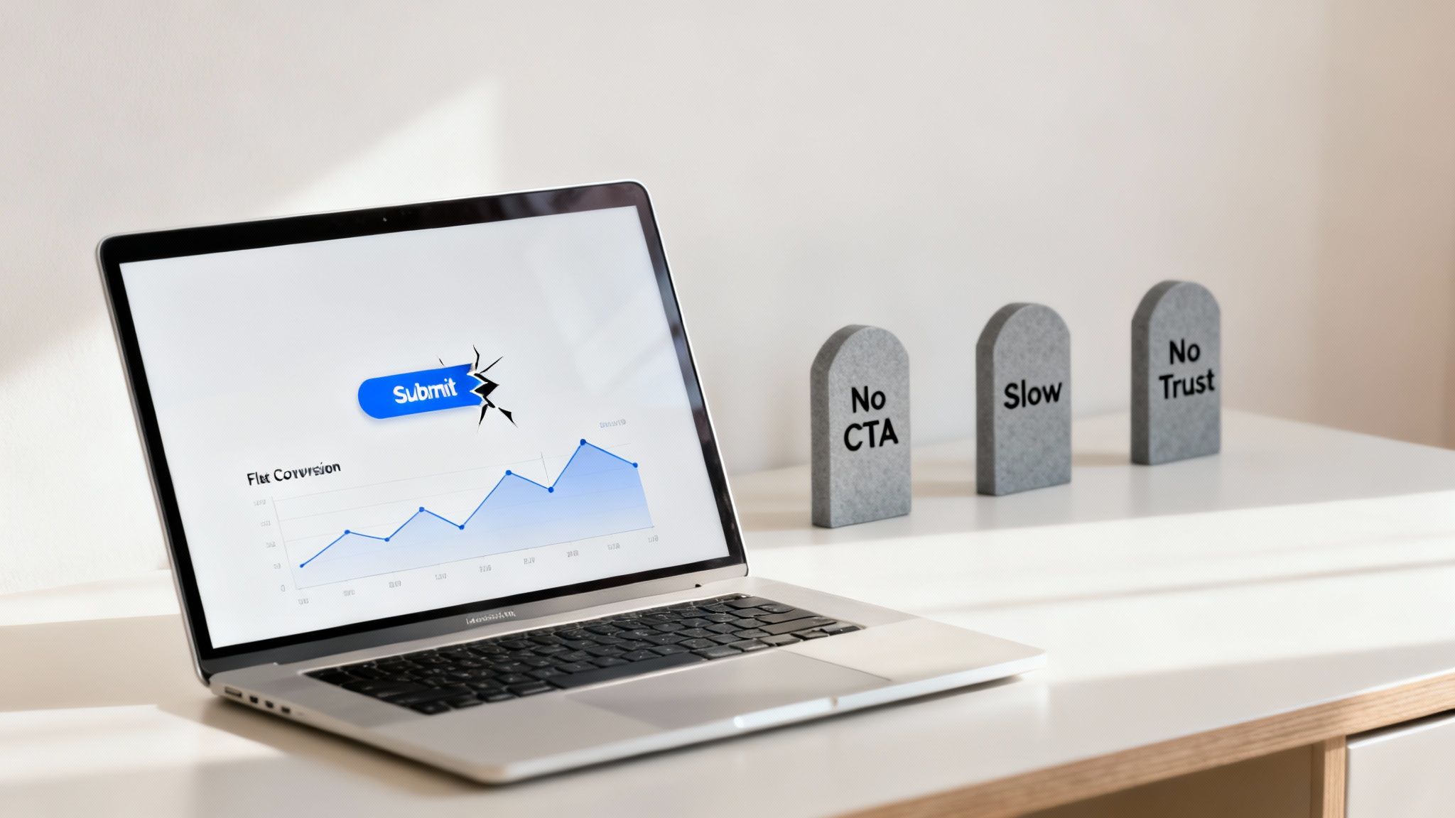 Laptop displaying a conversion graph and broken submit button, next to 'No CTA', 'Slow', 'No Trust' gravestones.