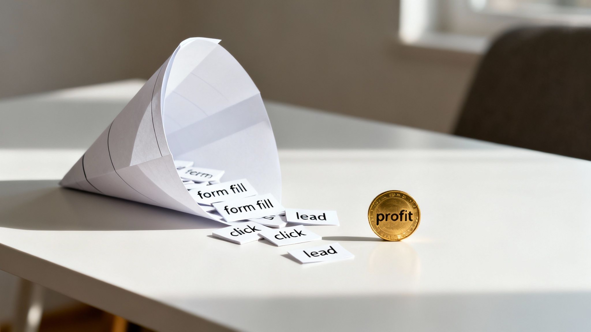 A paper marketing funnel with 'click' and 'lead' cards spilling out, leading to a 'profit' gold coin.