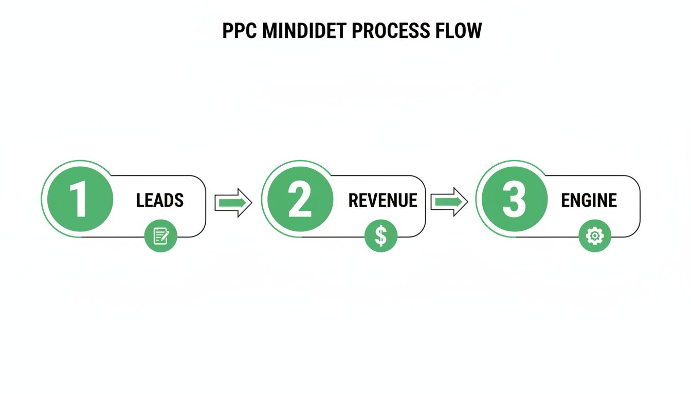 PPC Mindidet process flow diagram showing three steps: Leads, Revenue, and Engine, with connecting arrows.