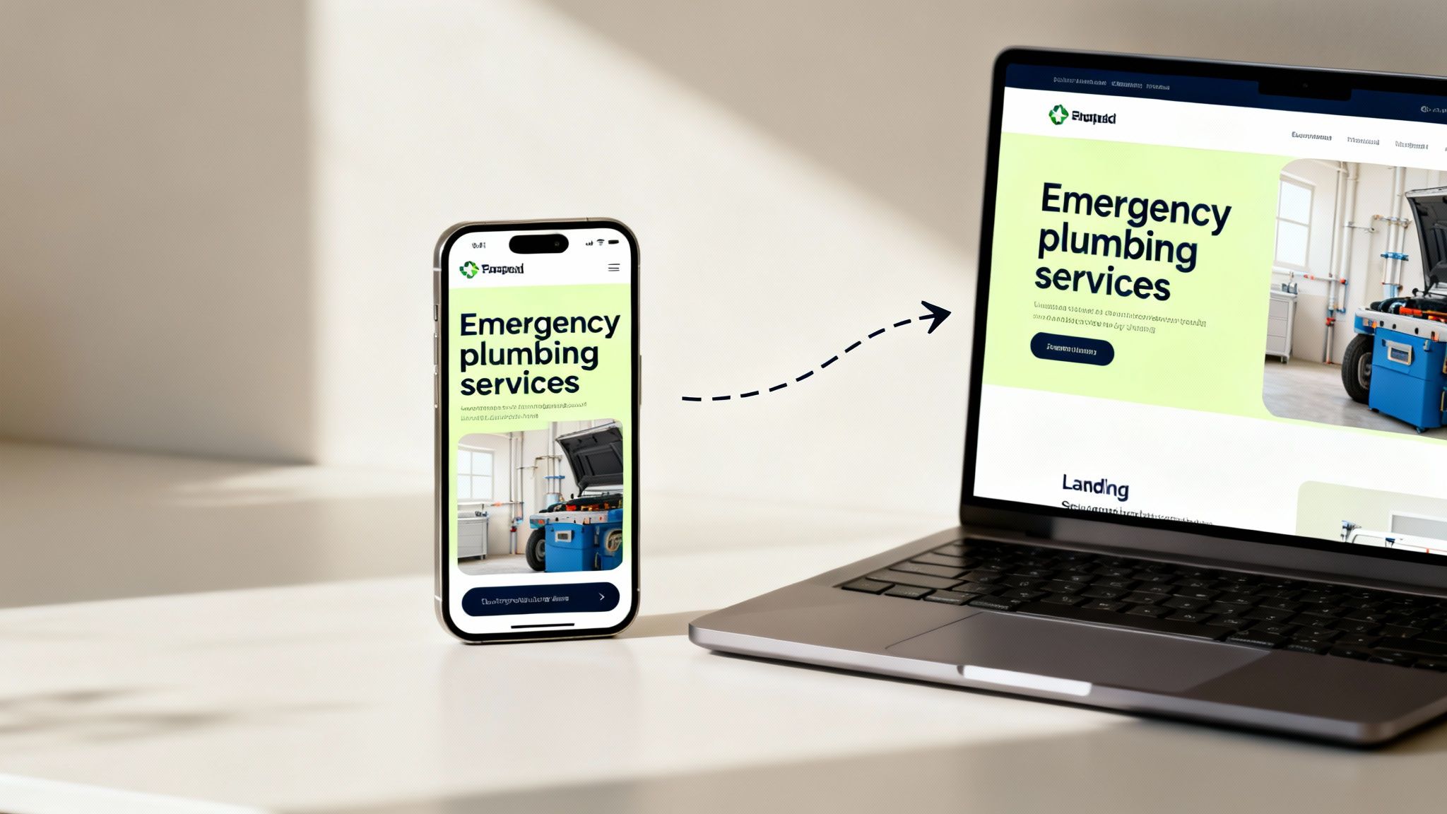 Responsive website design for emergency plumbing services displayed on a smartphone and a laptop.
