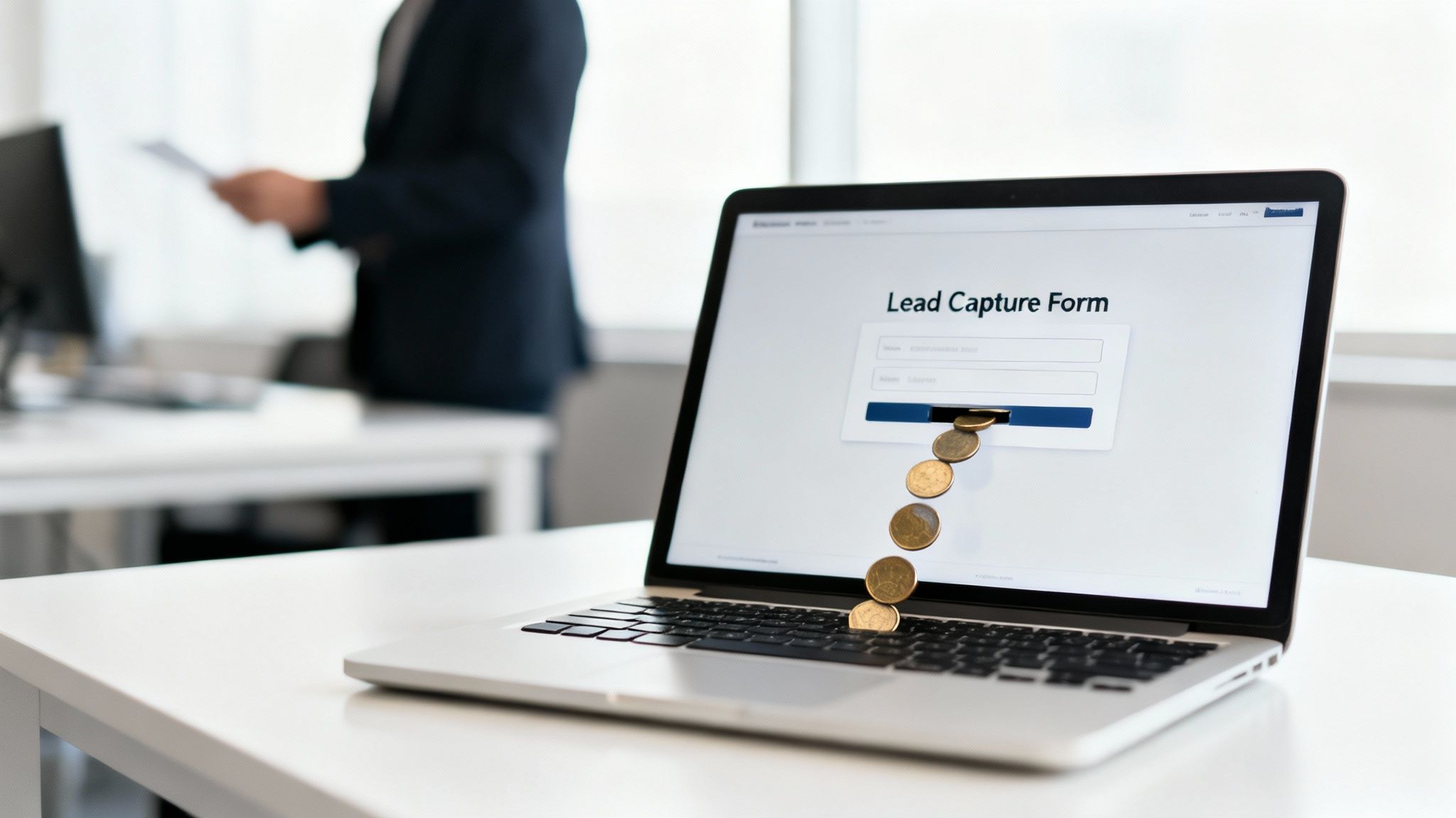 Laptop displaying a 'Lead Capture Form' with coins emerging, symbolizing online lead generation and profit.
