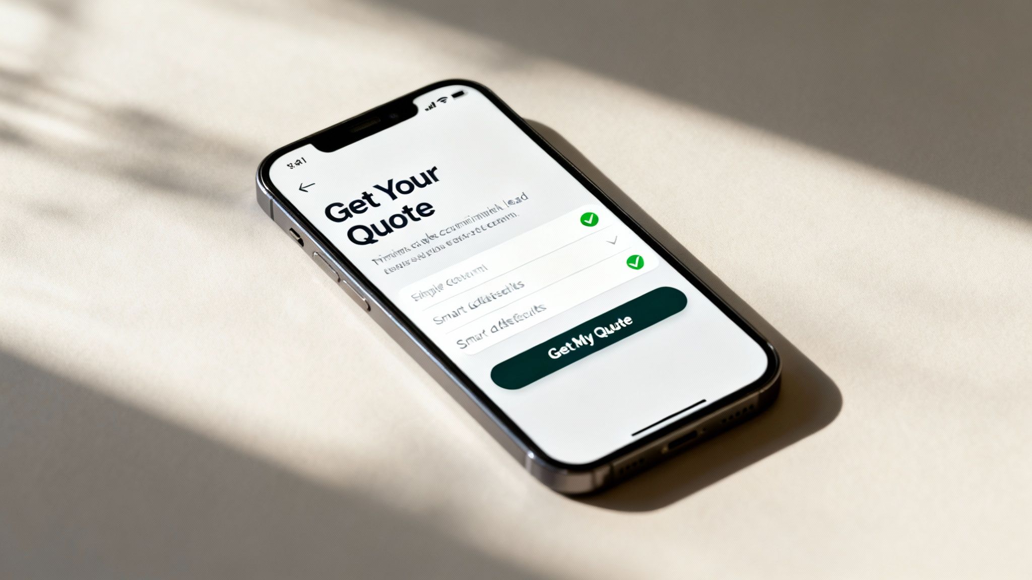 A close-up of a smartphone displaying a 'Get Your Quote' lead capture form with checkboxes and a button.