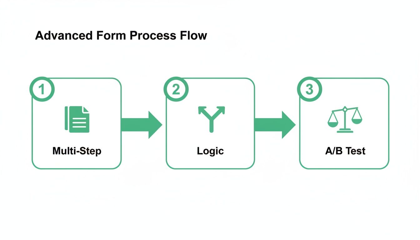 Advanced form process flow diagram showing multi-step, logic branching, and A/B testing stages.
