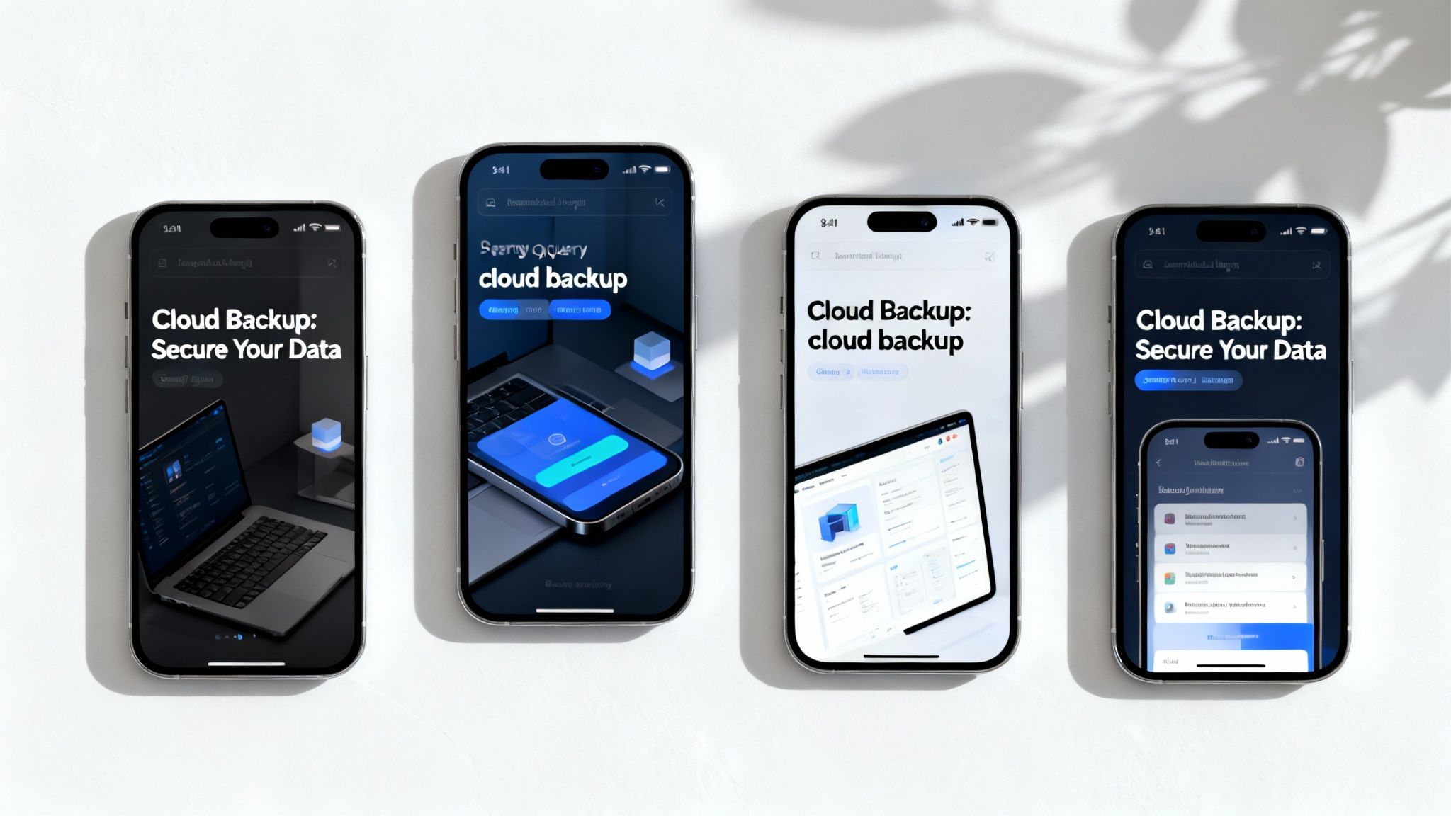 Four smartphones displaying various app screens for cloud backup and secure data storage solutions.