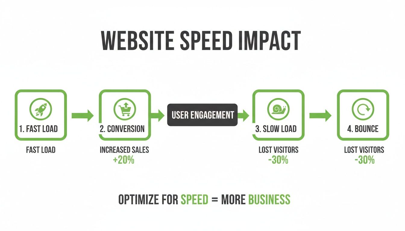Infographic showing how website speed impacts user engagement, leading to increased conversions or lost visitors and bounces.